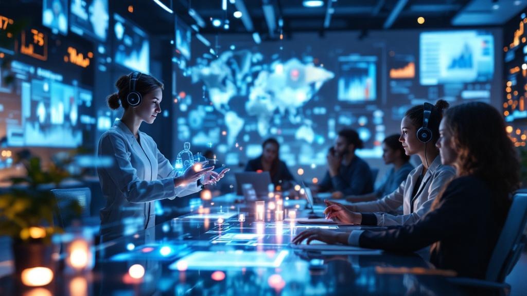 futuristic hr department with holographic ai assistants helping professionals analyze employee data