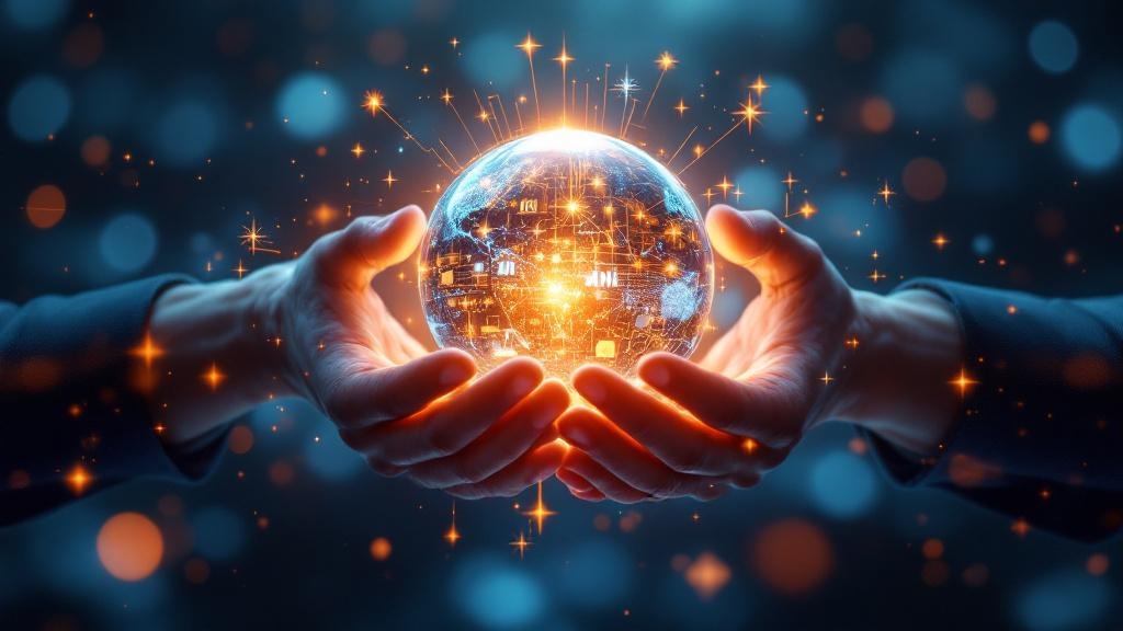 a futuristic vision of financial success driven by ai, showing a symbolic merging of human and ai hands over a glowing data sphere,
