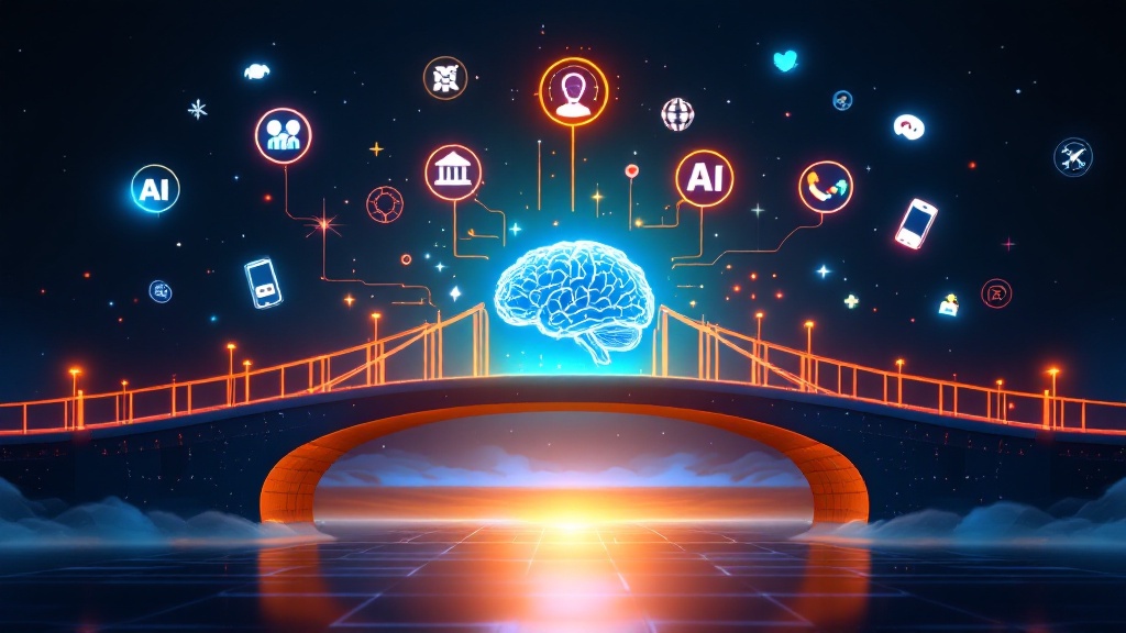 a stylized digital bridge connecting banks, customers, and ai, with icons of trust, speed, and inclusion floating above.