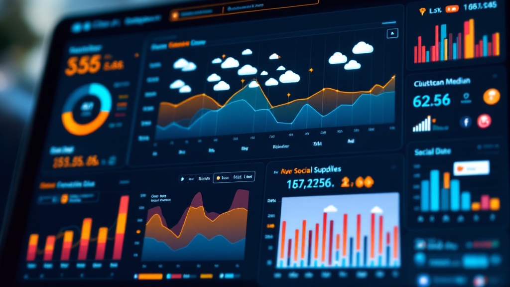 a dashboard showing ai forecasting in action: charts adjusting in real-time, weather overlays, product icons