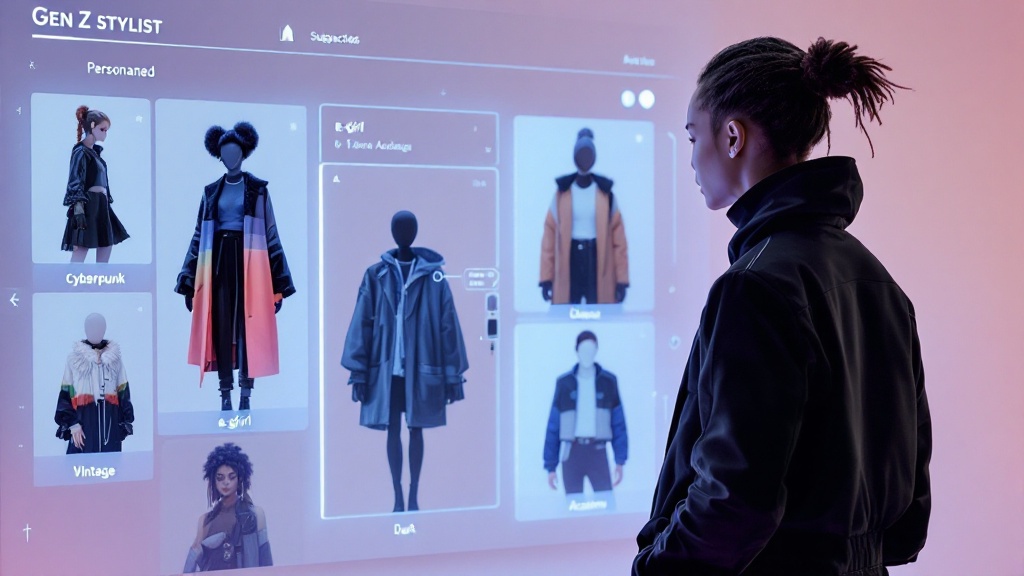 gen z person selecting outfits from an ai stylist showing different fashion aesthetics like e-girl, cyberpunk, vintage, and dark academia