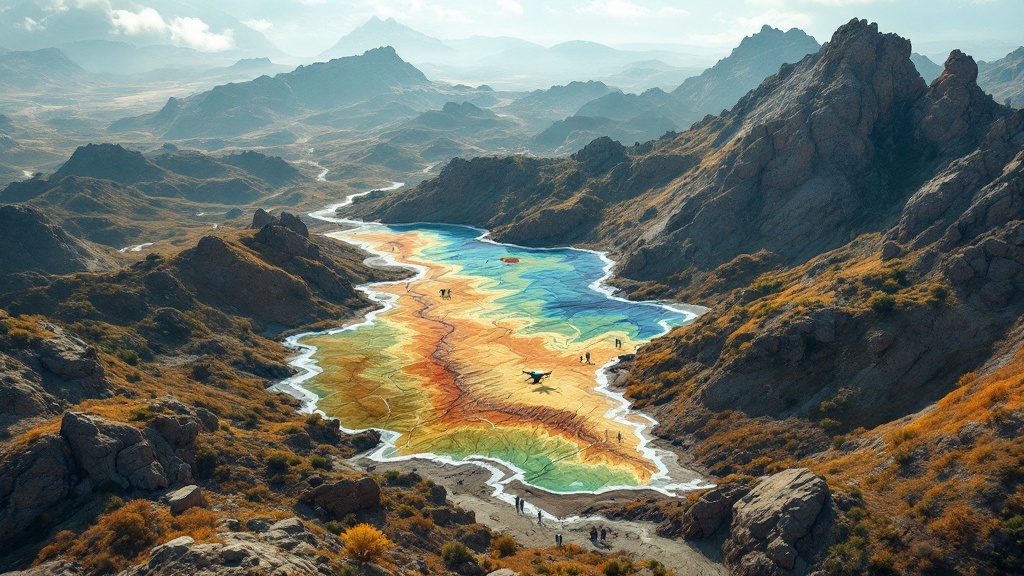 aerial view of a rugged terrain with layered 2d and 3d geological maps