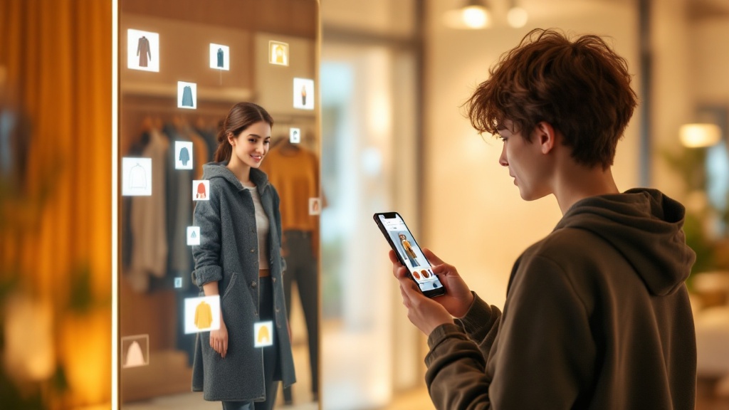 young person using an ai fashion assistant app on their phone with a virtual avatar trying on outfits in augmented reality