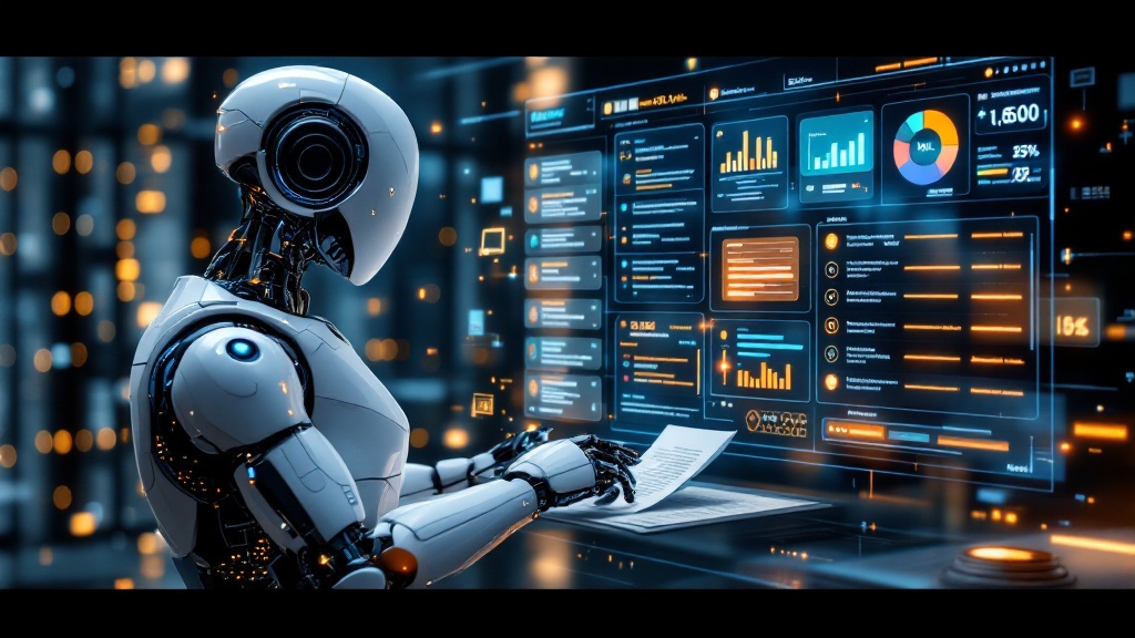 an ai robot scanning legal documents and transaction logs, with compliance checkmarks and warning flags on a futuristic interface.