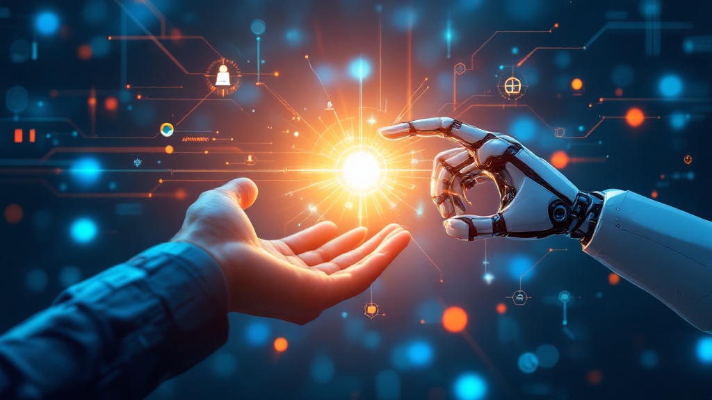 a human hand and robotic hand reaching out together toward a glowing light representing knowledge and innovation, surrounded by scientific symbols and ai circuits