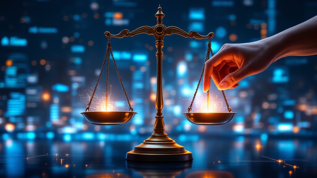 scales of justice balanced with ai circuits on one side and a human hand on the other,
