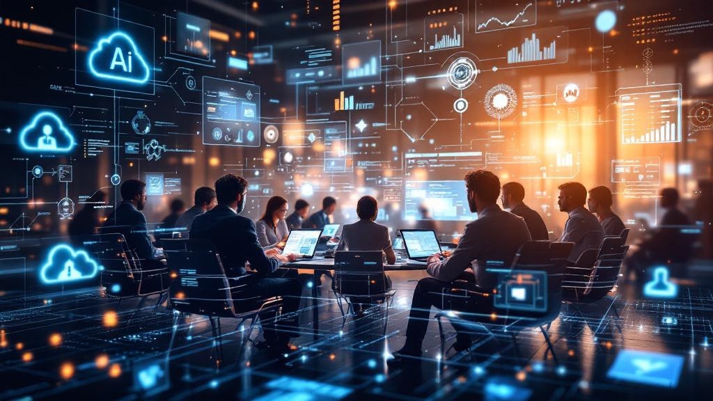 a finance team working seamlessly with ai tools, surrounded by integrated digital systems