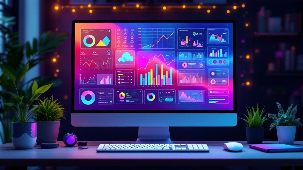 an ai tool generating vibrant visuals like infographics, data charts, video frames, and sliders on a creative workstation