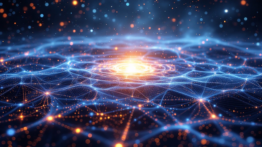 ai generating complex scientific simulations, showing a cosmic model, quantum particles, and climate patterns rendered in 3d, with neural networks overlayed