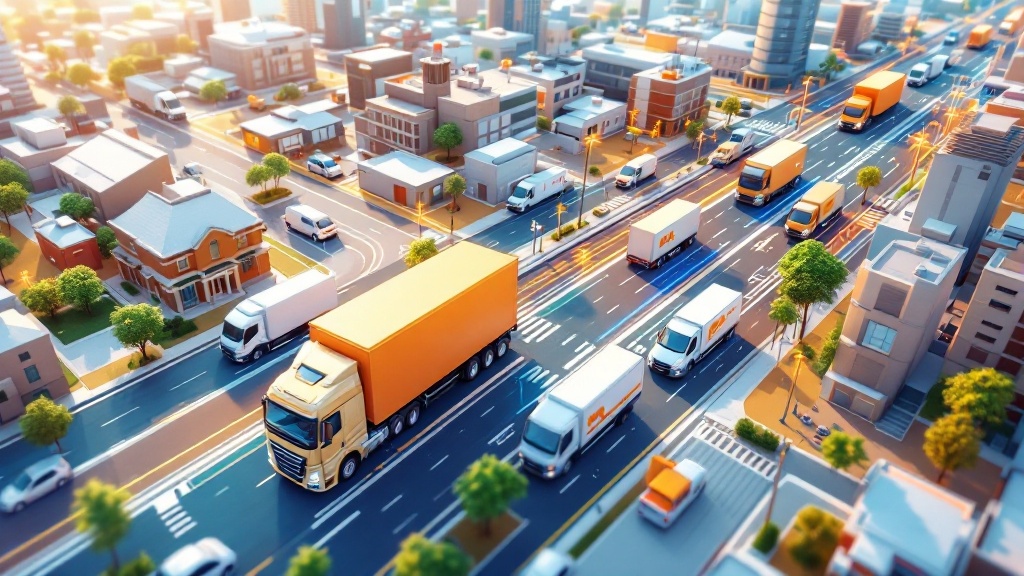 delivery trucks navigating a 3d city map with real-time traffic overlays