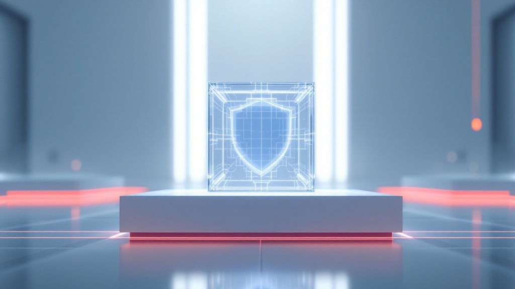 minimalist tech lab scene with a single powerful ai cube, protected by translucent security shields minimalist tech lab scene with a single powerful ai cube, protected by translucent security shields