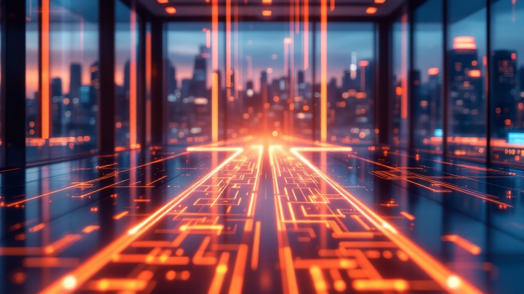 modern, open tech workspace with two glowing pathways modern, open tech workspace with two glowing pathways