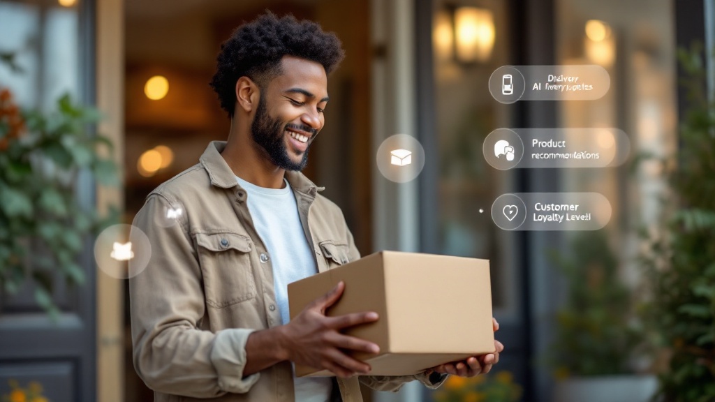 a smiling customer receiving a customized package at their doorstep