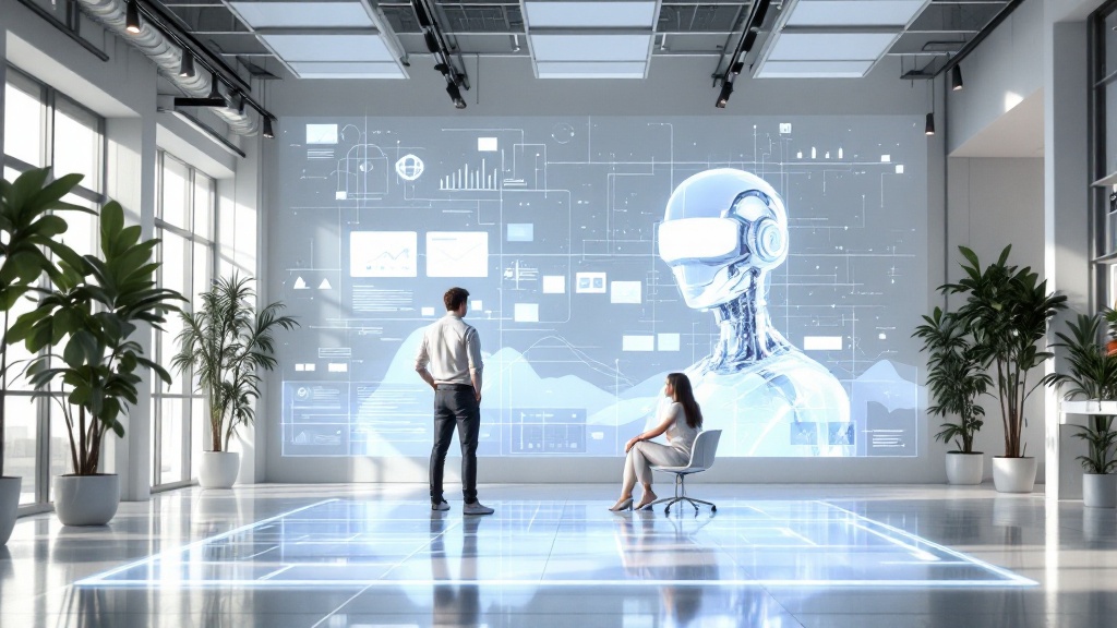 open modern creative office with a human and a semi-transparent ai figure open modern creative office with a human and a semi-transparent ai figure