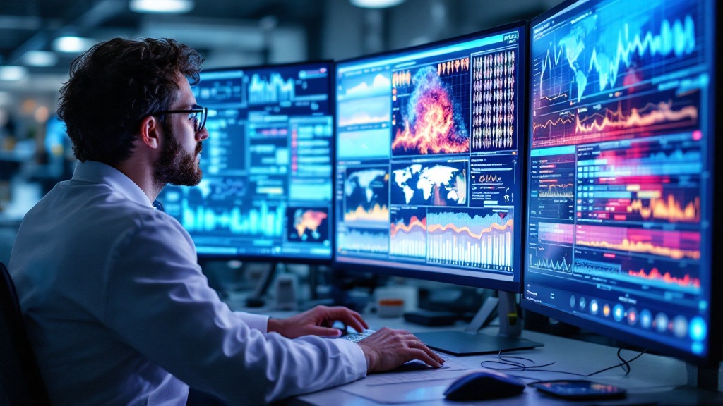 a data scientist analyzing a massive digital dataset with ai-assisted visualizations showing dna sequences, climate models, and heatmaps, set in a modern research lab