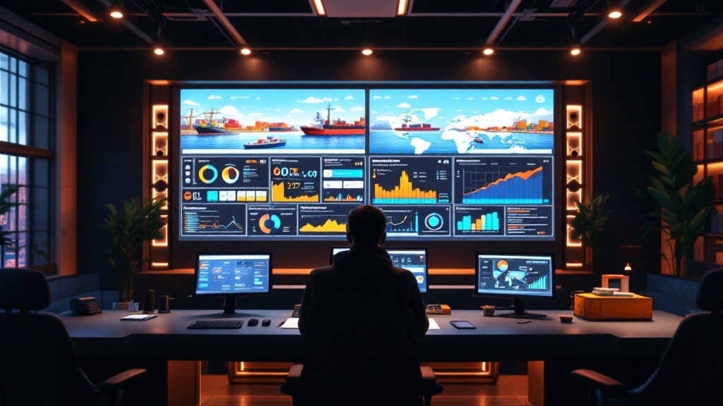 a control center with ai dashboards showing supplier metrics, risk alerts for weather and politics