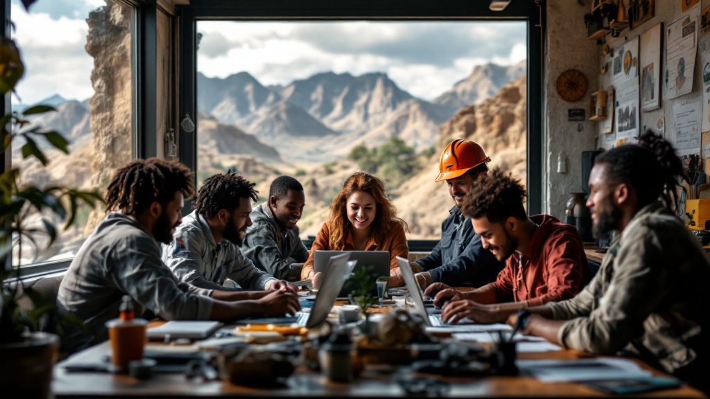 diverse teams in a small mining office using laptops and cloud-based ai tools