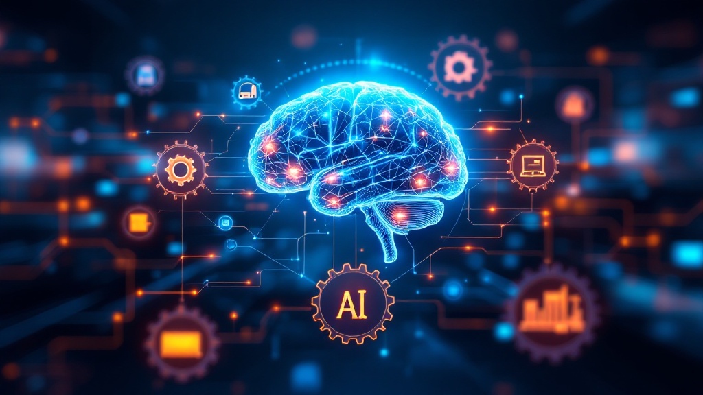 a symbolic ai brain integrated into a global supply chain with gears, logistics icons, and data flows