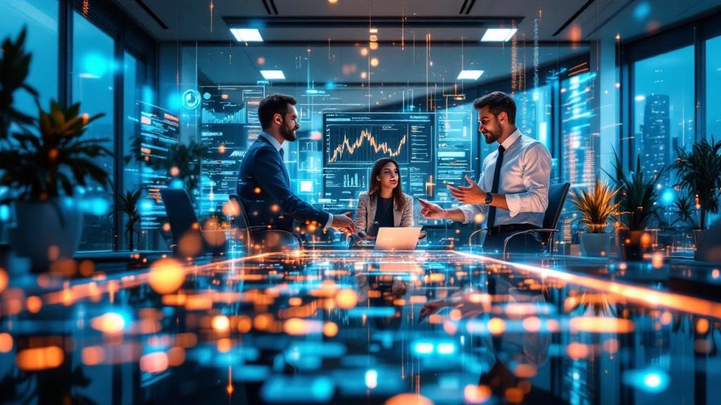 a futuristic office environment where robotic systems and ai algorithms manage financial workflows