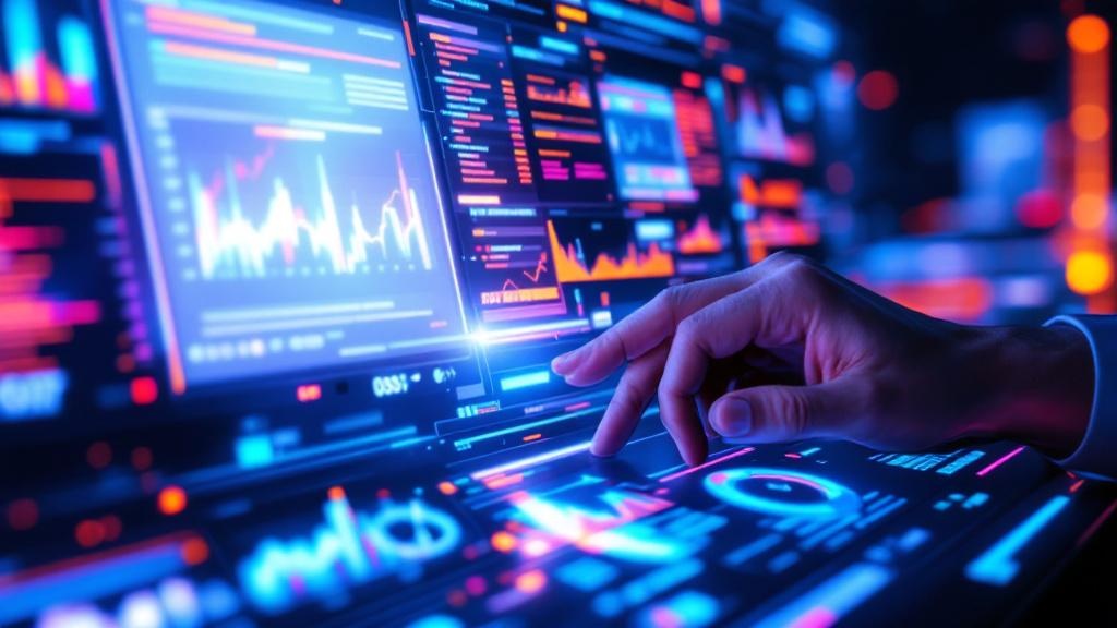 a person using a futuristic digital interface with glowing data streams and visual graphs