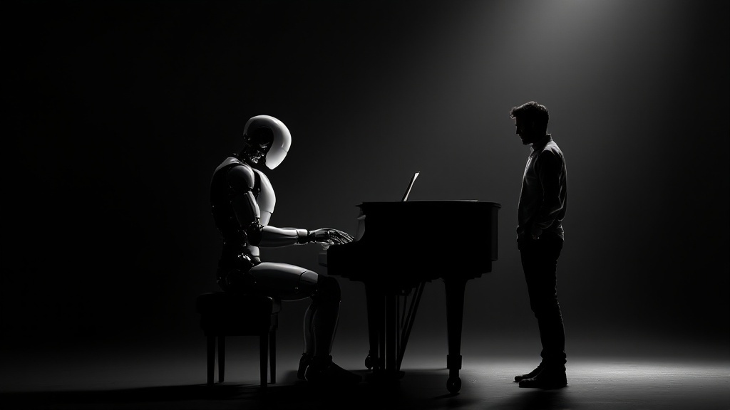 black-and-white scene showing an ai robot sitting at a piano black-and-white scene showing an ai robot sitting at a piano