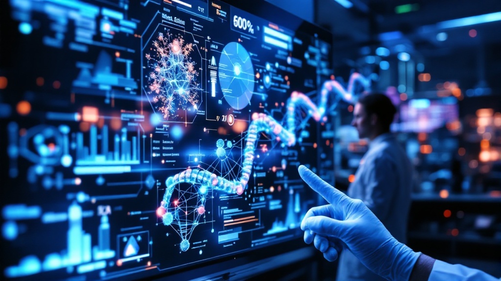 ai algorithm analyzing molecules and dna structures, predicting drug interactions on a digital screen with futuristic medical graphics and a scientist observing