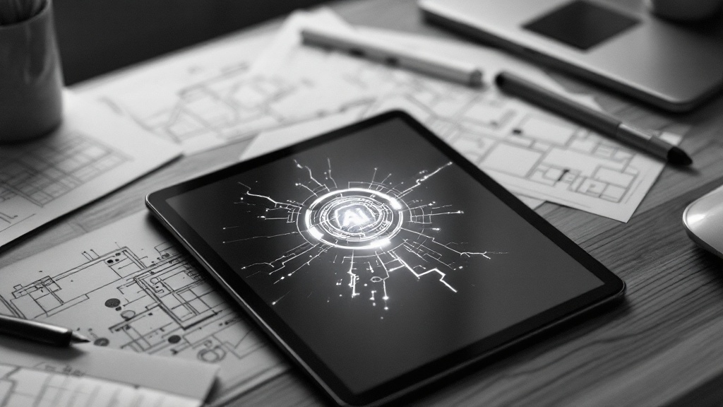 minimal office desk with a slightly cracked, glowing ai icon on a tablet minimal office desk with a slightly cracked, glowing ai icon on a tablet