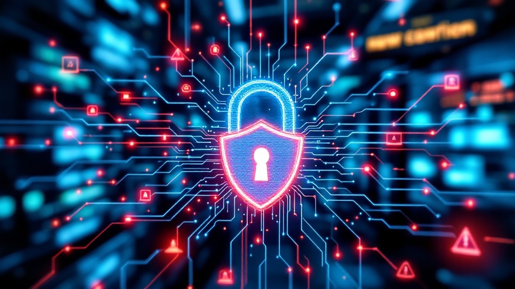 a digital lock surrounded by neural network lines and red alert symbols