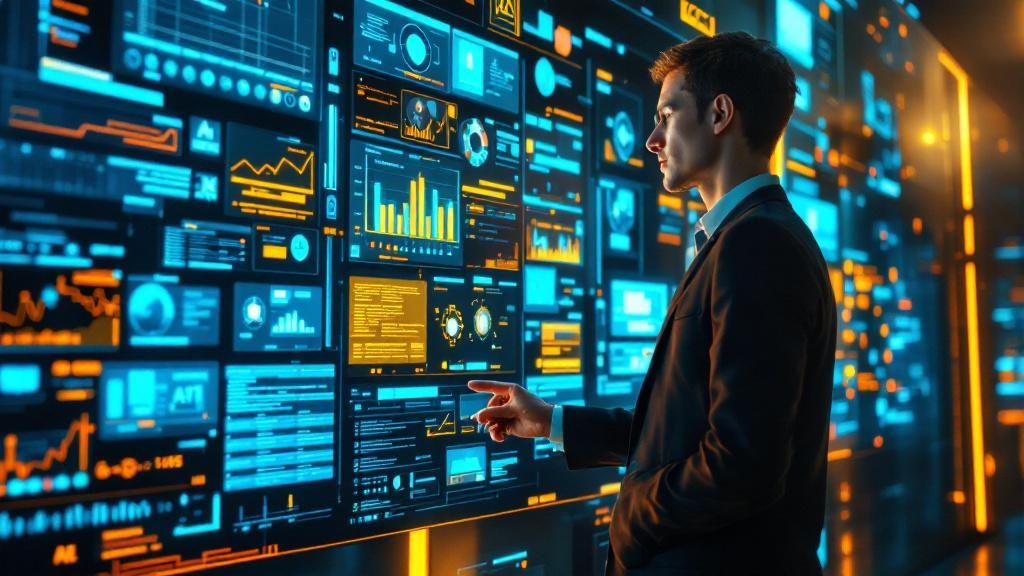 a person confidently standing near glowing ai interfaces and updated digital content displayed on multiple futuristic devices