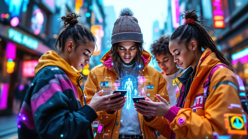 a group of gen z individuals interacting with futuristic digital fashion interfaces and ai style apps on their smartphones,