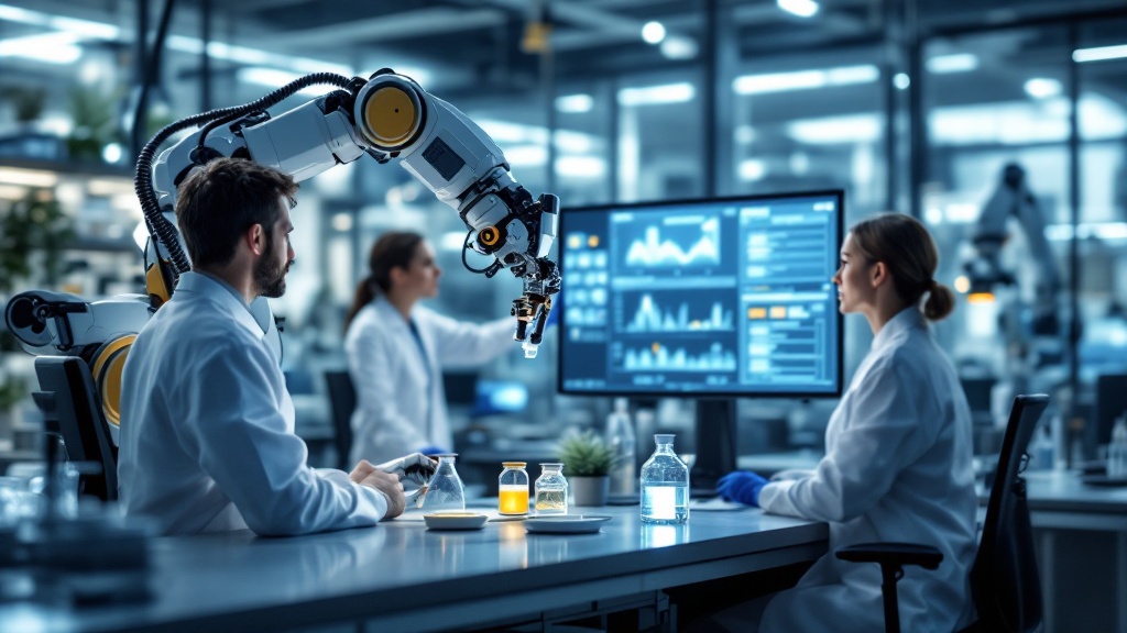 a robotic arm in a laboratory performing automated experiments while ai monitors progress on a control screen; scientists reviewing results nearby