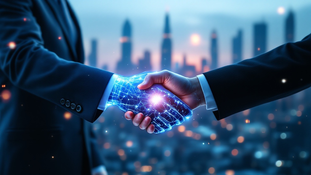 a business professional shaking hands with a glowing, human-like ai figure a business professional shaking hands with a glowing, human-like ai figure