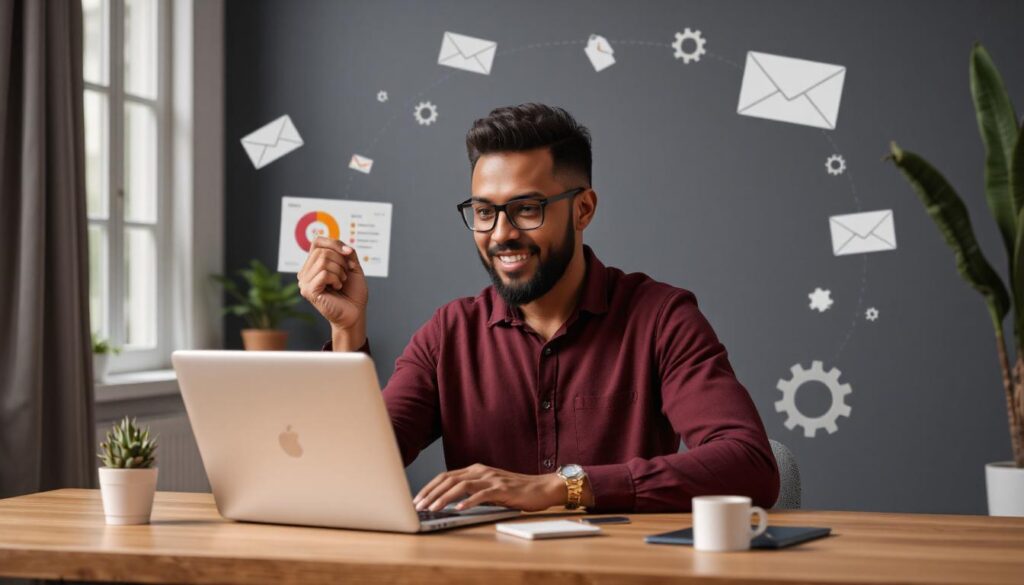 A marketer confidently using an AI assistant interface on a laptop A marketer confidently using an AI assistant interface on a laptop