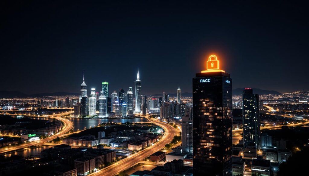 A high-tech city skyline illuminated by AI icon A high-tech city skyline illuminated by AI icon