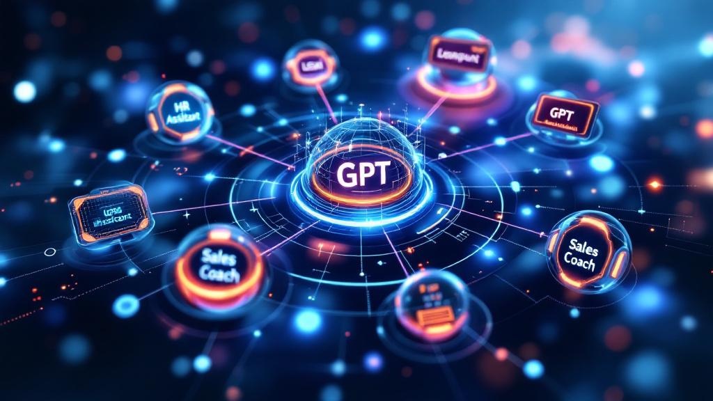 a web of floating specialized gpts, each labeled with a function