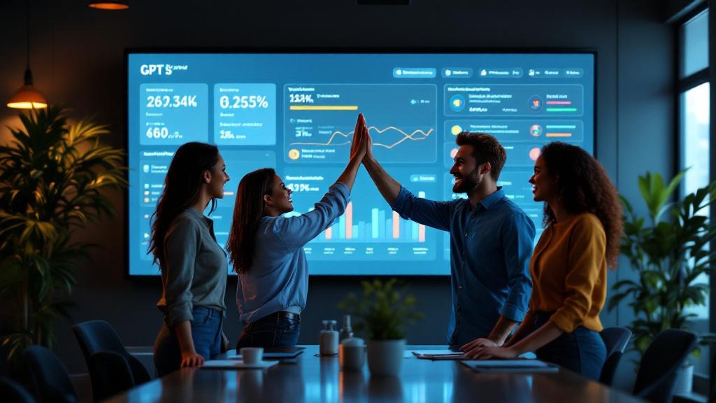 a startup team high-fiving in front of a dashboard showing success metrics after deploying multiple specialized gpts
