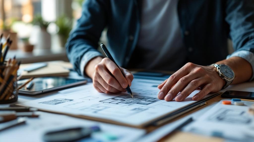 a creative professional or student pointing at a hand-drawn sketch or design on a table while an ai assistant on a nearby device converts it into a 3d model or visual output on a secondary screen