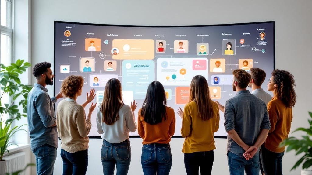 a diverse startup team standing around a digital whiteboard or large curved screen where multiple ai avatars or icons are assisting different workflows