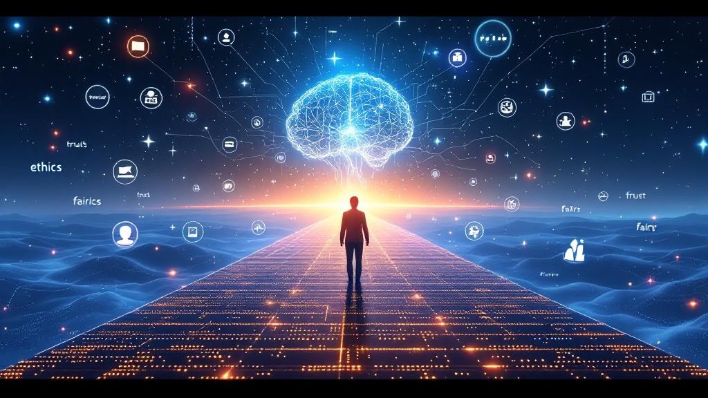 a bridge made of glowing logic threads connecting a human figure to an ai mind made of code and crystal