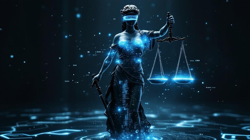a digital lady justice statue with a blindfold made of code