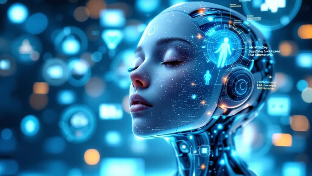 a high-tech ai assistant with a semi-transparent face displaying empathetic expressions
