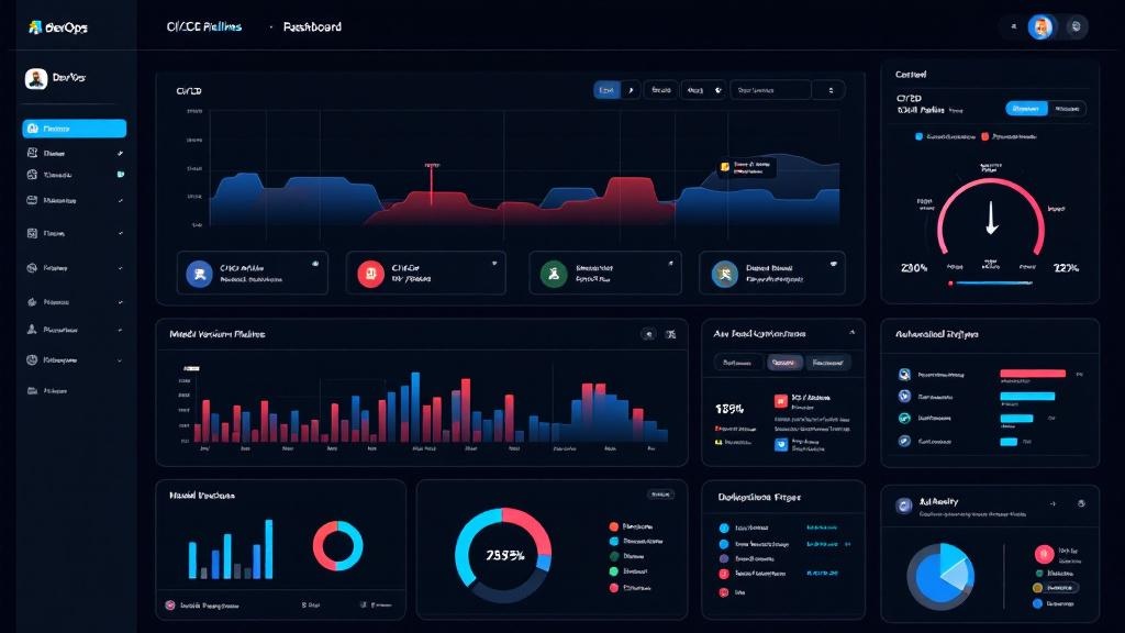 a modern, sleek devops dashboard showing ci/cd pipelines, model versioning charts, and automated deployment triggers