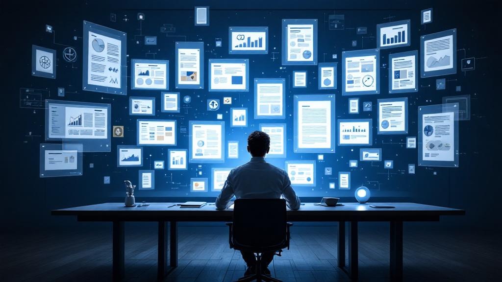 a researcher or legal analyst seated at a large digital table surrounded by floating transparent document panels