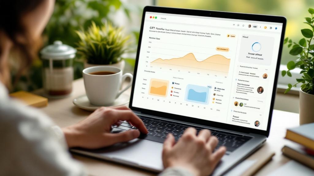 a serene digital workspace with a laptop open to a gpt-powered journaling app showing a mood graph and insightful prompts