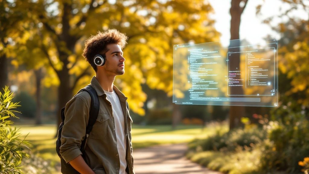  young developer walking through a sunny park while casually speaking into a wearable ai assistant