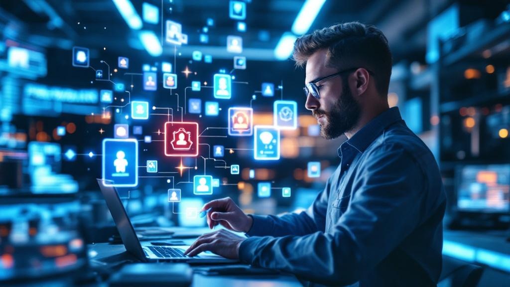 a developer working in a tech lab surrounded by holographic ui elements showing icons and modular shapes that represent ai agents being configured