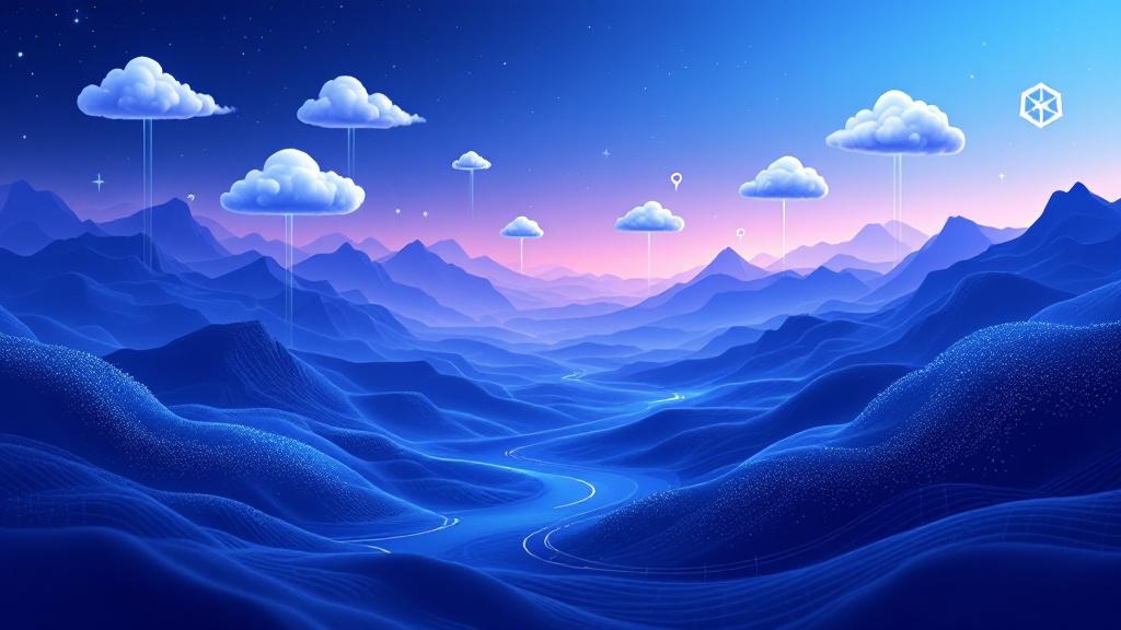 a clean digital landscape showing floating cloud servers