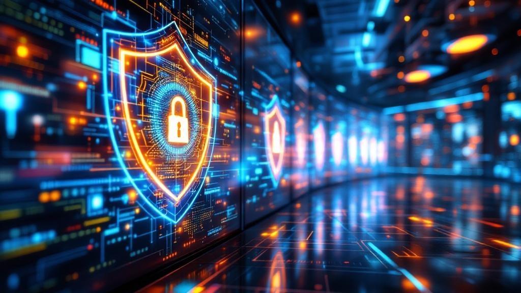 a secure ai data center with glowing shields, encrypted biometric data streams