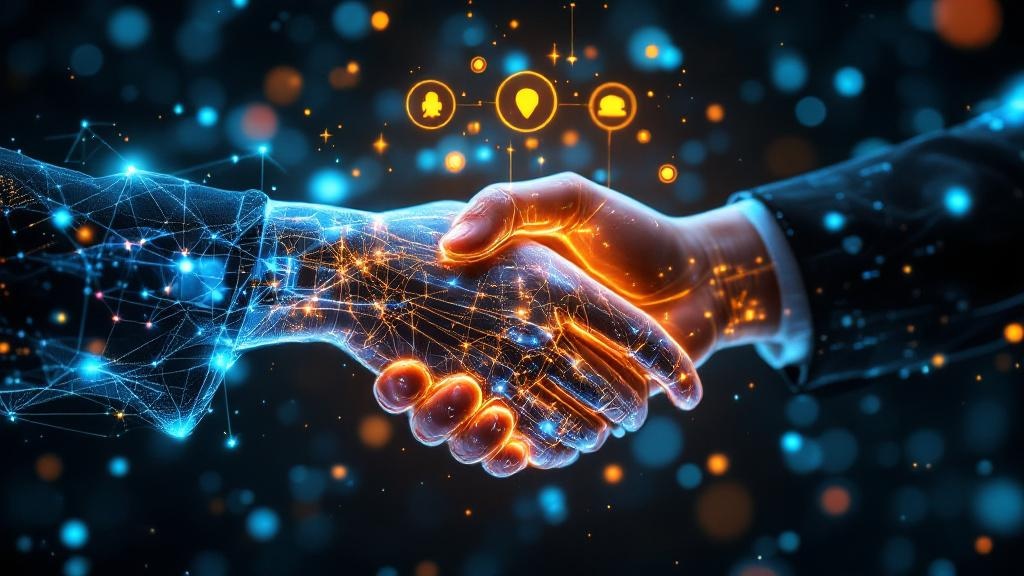 a glowing ai-human handshake made of neural links and light particles