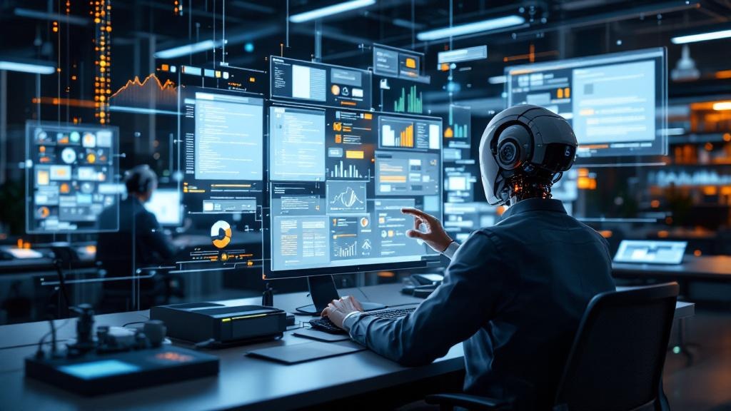 a realistic digital lab with multiple transparent screens showing ai models reviewing indexed articles, pdfs, and data repositories